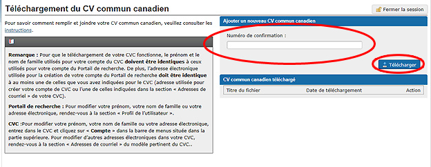 Écran Téléchargement du CV commun canadien